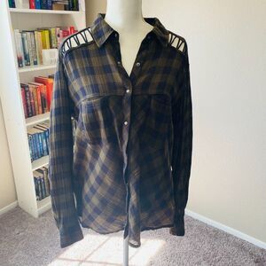 FREE PEOPLE Black Olive Green Buffalo Plaid BoHo Western Cowgirl Top Size L